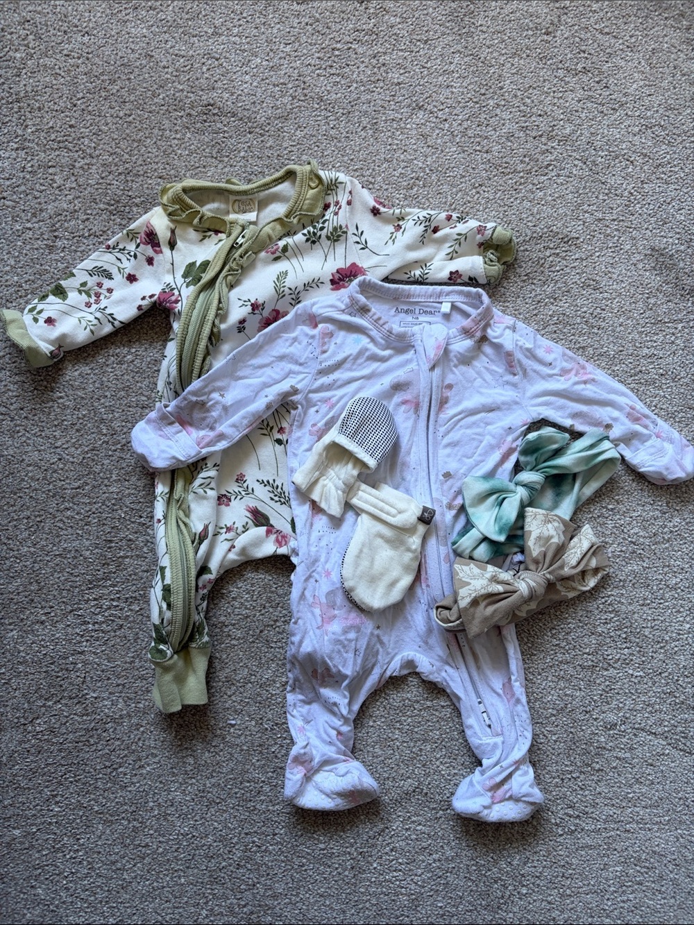 Newborn bundle. Angel Dear onesie, two copper pearl headbands, goumi mitts